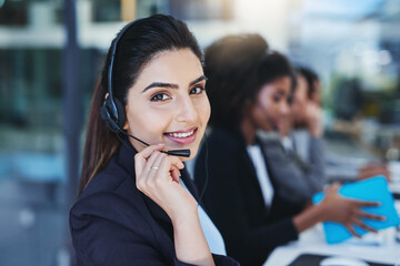Poster - Woman, headphones and call center in office, portrait and customer service for conversation and support. CRM, hand and telemarketing and consultant for career, operator and female person for hotline