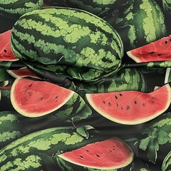 Wall Mural -   Watermelon slices stacked on a white sheet against a dark background