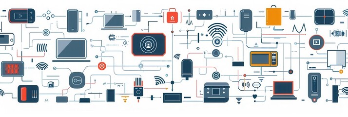 Fototapete - A colorful illustration depicting a network of smart home devices, connected by abstract lines symbolizing data flow. Generative AI