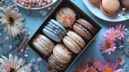 Poster -   A box of macaroons sits atop a table, surrounded by plates of macaroons and vibrant flowers