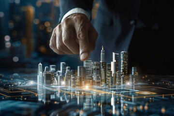 Navigating virtual city mockup with businessman's hand