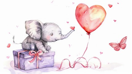 Poster -   Baby Elephant with Heart-Shaped Balloon on Purple Box