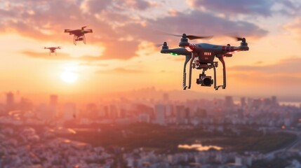 Poster - A drone flies above a cityscape at sunset, showcasing the capabilities of aerial photography. Generative AI