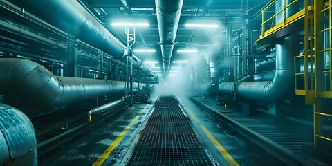 Wall Mural - Dynamic industrial scene with steaming pipes in power plant during peak hours. Concept Industrial Photography, Power Plant Shoot, Steaming Pipes, Peak Hour Scene, Dynamic Industrial Setting