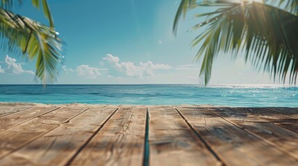 Wall Mural - Tranquil Summer Beach Scene with Wooden Table Overlooking Blue Ocean, Sandy Background with Palm Leaves