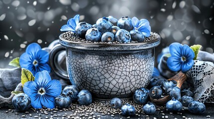 Wall Mural -   Blue flowers fill a bowl on a table, accompanied by other blueberries and blue blooms
