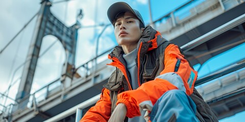 Wall Mural - outdoor urban, model in techwear with streetwear influence, background is a city bridge, clothing ha
