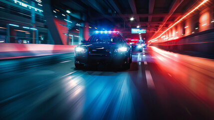 A police car is speeding down a highway with its lights on