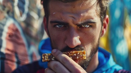 Wall Mural - Man savoring a crunchy snack outdoors, glowing with the setting sun in the background, looking content. AIG58