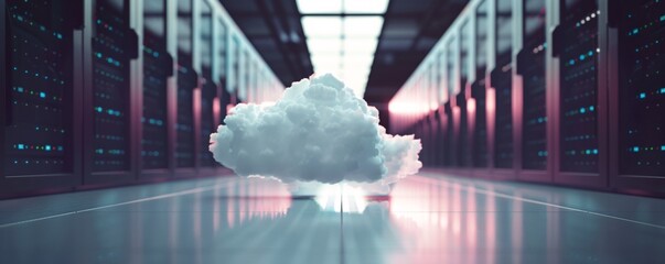 Wall Mural - Cloud hovers in a server room, symbolizing the concept of cloud computing