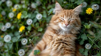Wall Mural -   A close-up of a cat resting in a field of grasses and blossoms with its eyes shut
