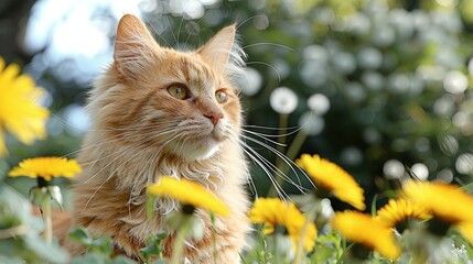 Wall Mural -   A cat in a flower field with blurred tree-filled background