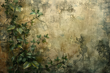 Wall Mural - A painting of a wall with green leaves and a green background
