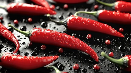 Wall Mural -   A cluster of fiery red peppers perched atop a darkened table, dotted with glistening raindrops