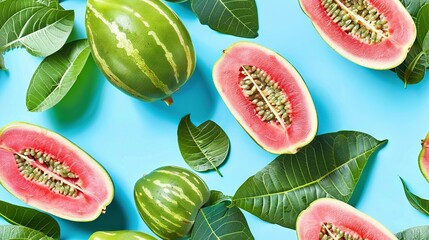 Wall Mural -   Watermelon slices on a blue background with green leaves and a whole watermelon