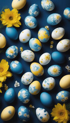 Easter poster vertical banner design Blue and white Easter eggs with yellow flowers on dark blue bac