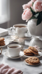 Wall Mural - Elegant breakfast set with coffee cookies and fresh peonies on a marble background perfect for a lux