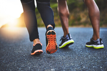 Poster - Sports, feet and people running in road for outdoor race or marathon training in mountain. Fitness, friends and legs of athletes with cardio workout for endurance exercise in street for practice.