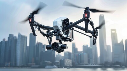 A modern drone equipped with a high-quality camera flies over a cityscape, capturing stunning aerial footage. Generative AI