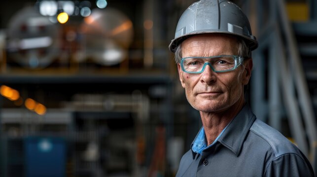 Factory worker in uniform, helmet, and safety glasses, dedicated to his job at the production line.