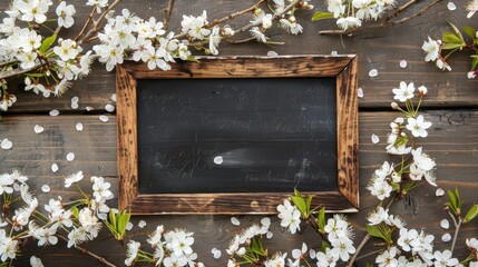 Poster - Top down picture of white cherry blossom tree and blackboard on wooden backdrop