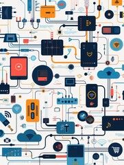 Aufkleber - Abstract illustration showcasing a network of routers, modems, smart home devices, and data flow lines. Generative AI