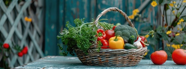 Wall Mural - fresh vegetables in a wicker basket. Selective focus