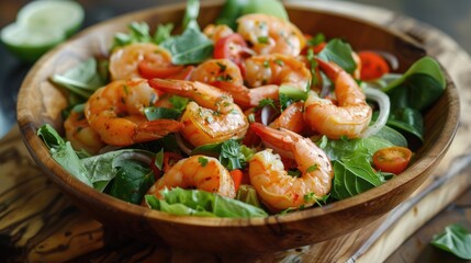 Shrimp salad on wooden table