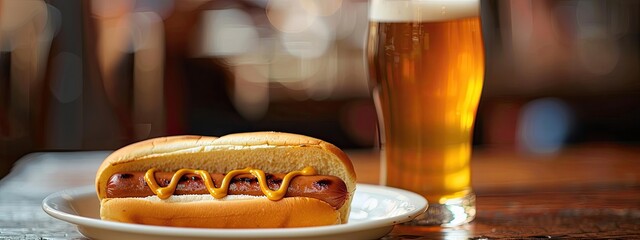 Wall Mural - hot dog and beer on the table. Selective focus