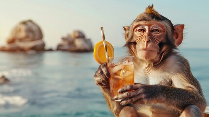 Wall Mural - a monkey with a cocktail on the background of the beach. Selective focus