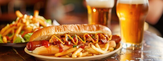 Wall Mural - hot dog with beer on the table. Selective focus
