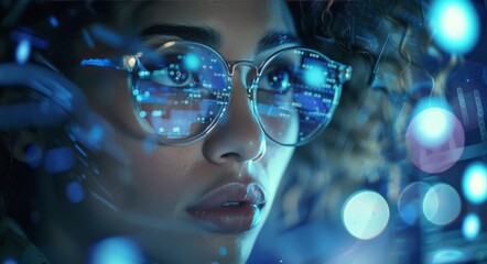 Wall Mural - Woman Wearing Glasses Looking at a Computer Screen Filled With Blue Data