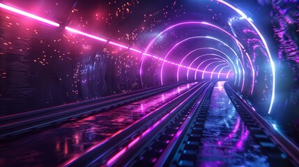  A tunnel adorned with neon lights, enclosing a train track, mirrors the radiant light emanating from the tunnel's end