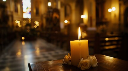 Wall Mural - A single candle burns brightly in a dimly lit church. The flickering light casts shadows on the walls and floor.