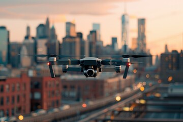 Fototapete - A modern drone captures stunning aerial footage of a city skyline at sunset. Generative AI