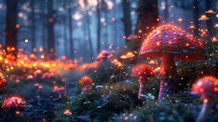 Poster -  A group of mushrooms in the forest's heart, fireflies glow on the ground beneath them