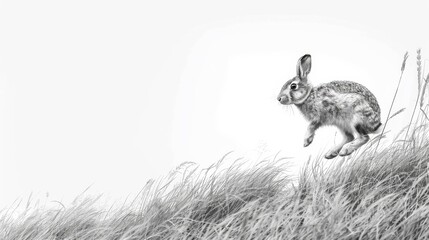 A black-and-white image of a rabbit leaping from a hilltop against a grassy foreground