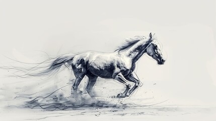  A monochrome depiction of a galloping horse against a wind, its mane and tail streaming in white background