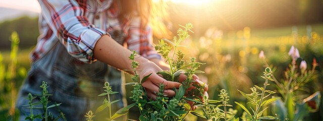 Poster - the girl collects medicinal herbs in the field. Selective focus