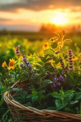 Wall Mural - medicinal herbs in basket field. Selective focus