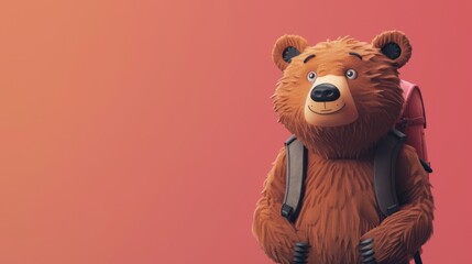 Poster -  A brown bear wearing a backpack is depicted against a pink background