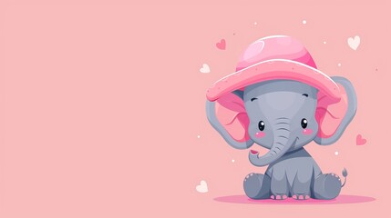 Sticker -  A baby elephant in a pink hat sits on a pink background, the hat adorned with hearts and also pink