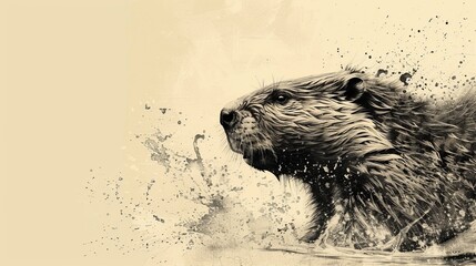 Wall Mural -  A monochrome image of a furry creature splashing water behind its back legs and lifting its head