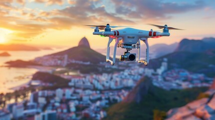 Poster - A drone with a camera flies over a cityscape, capturing stunning shots of the city at sunset. Generative AI