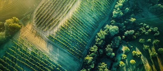 Aerial view of a green, expansive grape field with mountains covered in morning dew in the background.