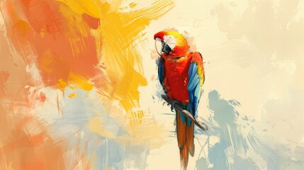 Poster -  A vibrant parrot perches on a branch against a backdrop of yellow and orange, featuring a paint splatter