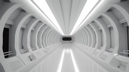 Wall Mural - Futuristic corridor with circular architecture in a sci-fi spaceship. Image of modern corridor of spacecraft interior with bright white light. Concept for advanced technology and space travel. AIG35.