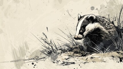 Canvas Print -  A badger sits in the grass, head turned sideways, eyes fixed widely open