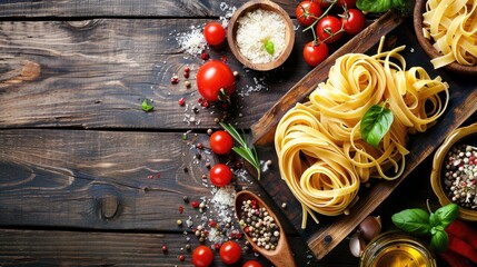 Poster - Italian pasta freshly prepared on a wooden table with a dark finish