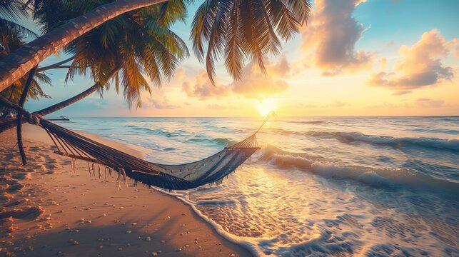 Hammock tied between two palm trees on a beach created with generative ai